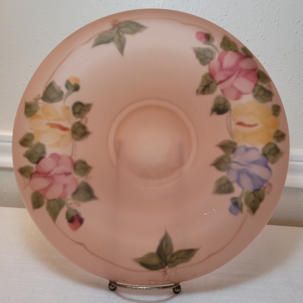 Vintage pink satin frosted depression glass console bowl reverse hand painted